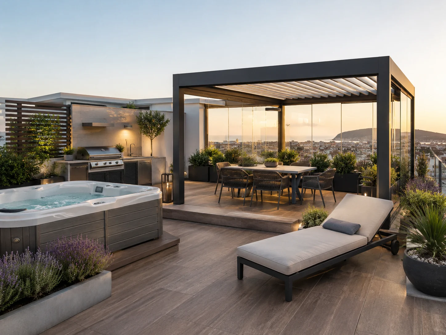 Rendering di terrazza attico con pergola, vasca spa e lettini &mdash; Proposta progettuale elaborata con AI