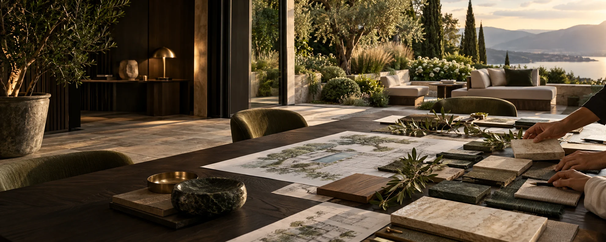 Tavolo di lavoro con progetto paesaggistico e campioni di materiali, affacciato su una terrazza verde &mdash; Immagine illustrativa elaborata con AI