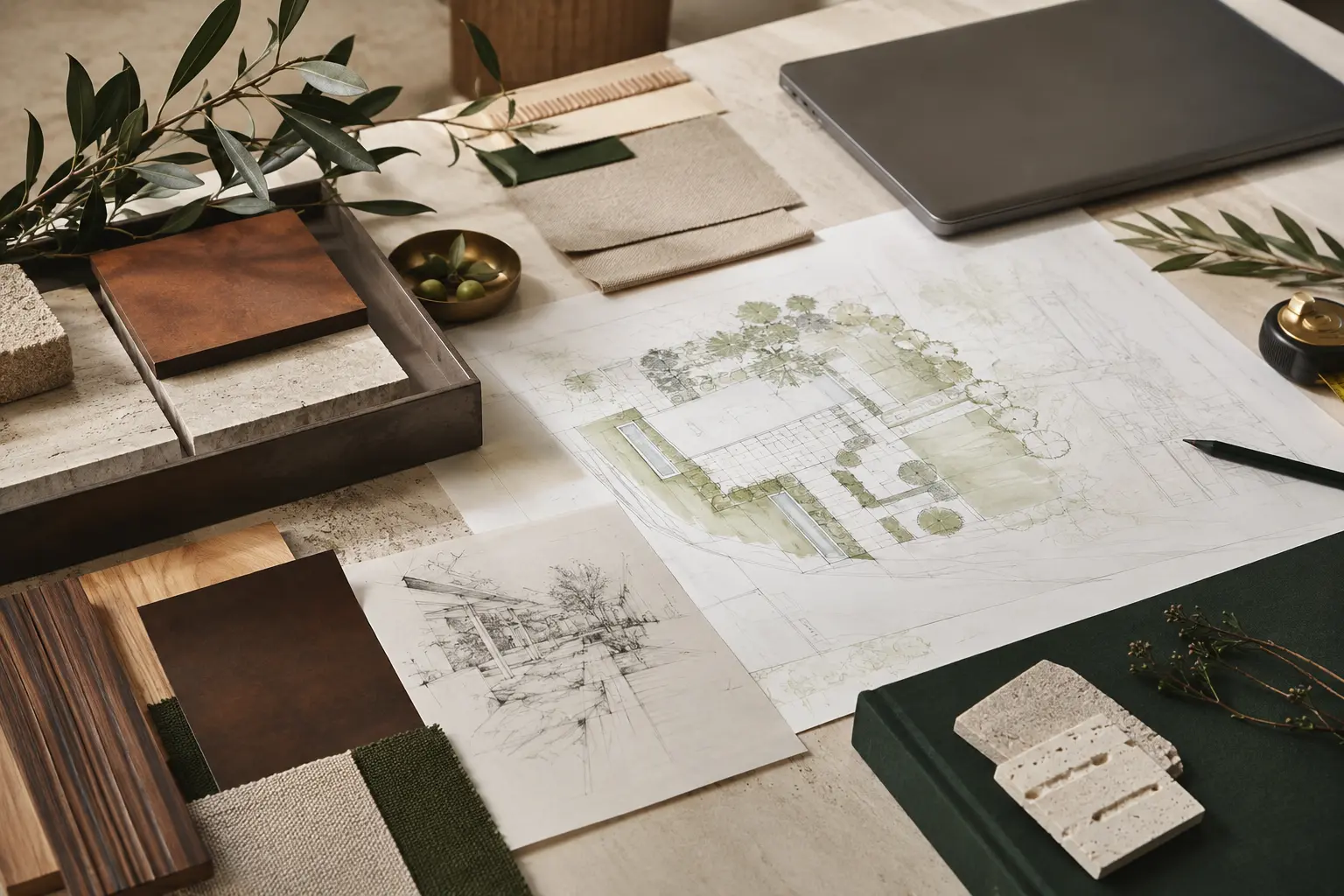 Tavole di progetto, materiali e palette botaniche &mdash; Immagine illustrativa elaborata con AI