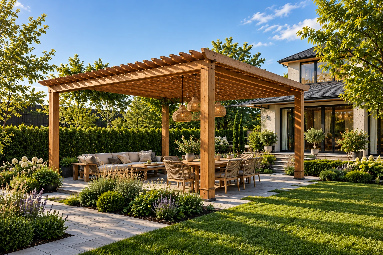 Area pranzo e living esterna sotto una pergola in legno &mdash; Immagine illustrativa elaborata con AI