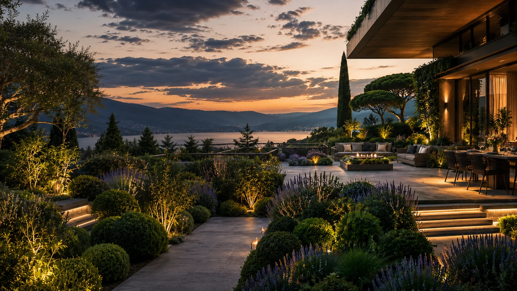 Visualizzazione di un giardino residenziale al tramonto &mdash; Immagine illustrativa elaborata con AI