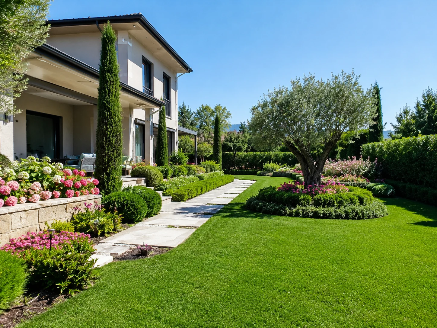 Visualizzazione di giardino di villa con ulivo e camminamento &mdash; Immagine illustrativa elaborata con AI