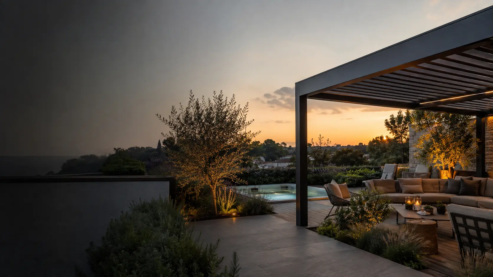 Terrazza contemporanea con pergola, verde e luce al tramonto &mdash; Immagine illustrativa elaborata con AI