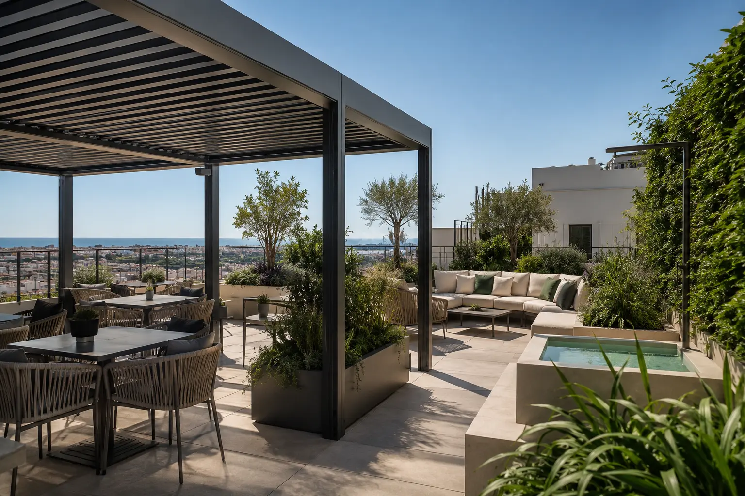 Terrazza hospitality con pergola e vista panoramica &mdash; Immagine illustrativa elaborata con AI