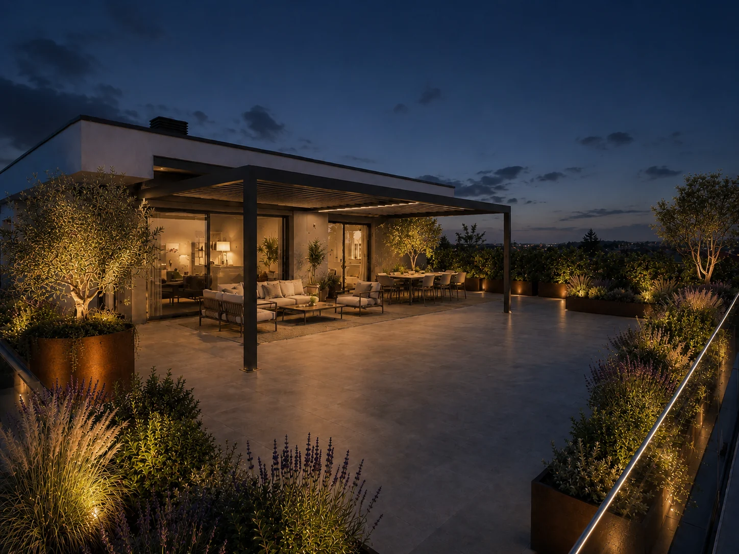 Visualizzazione serale di una terrazza con pergola &mdash; Immagine illustrativa elaborata con AI