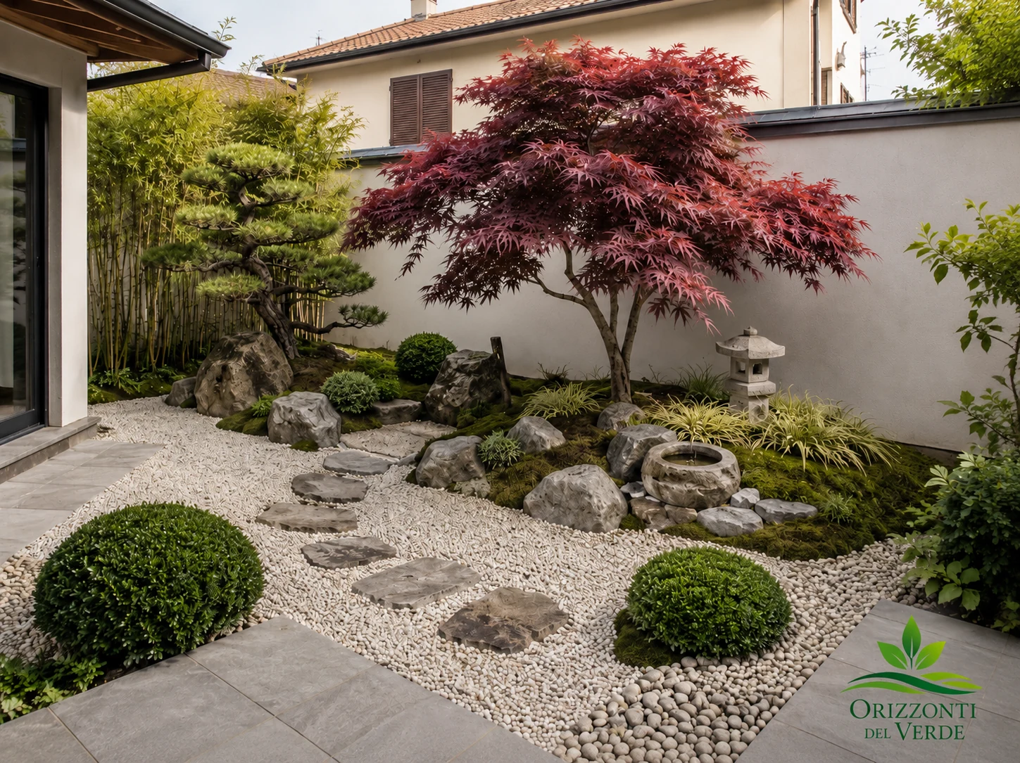Dopo: visualizzazione del giardino zen con ghiaia, pietre e alberi &mdash; Proposta progettuale elaborata con AI