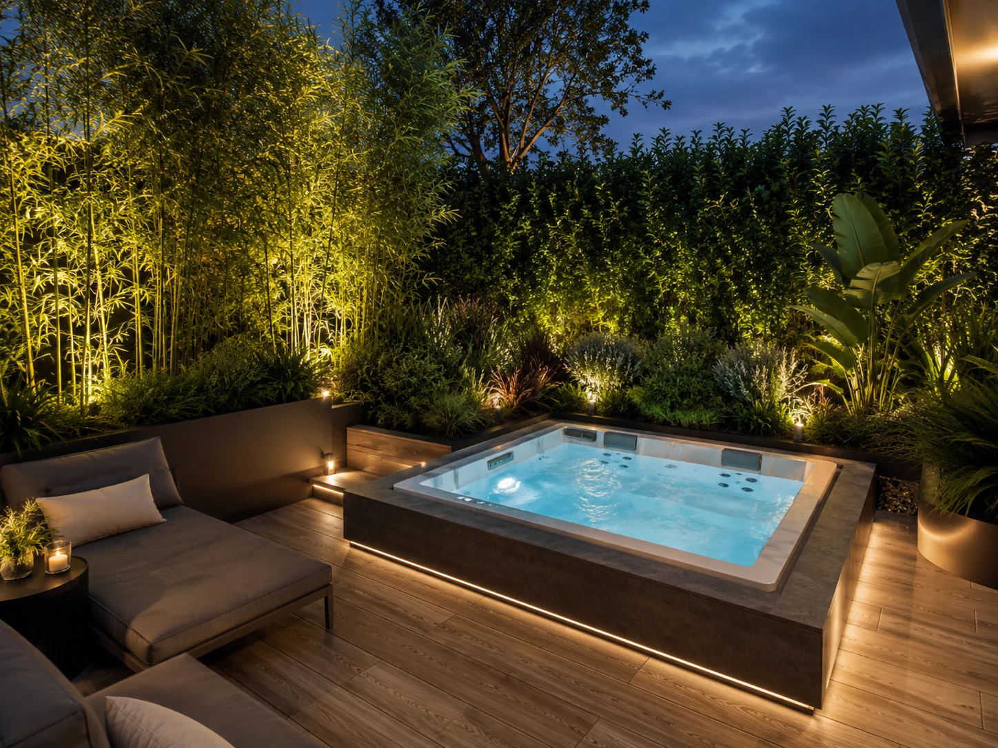 Visualizzazione serale di una spa immersa nel verde &mdash; Immagine illustrativa elaborata con AI